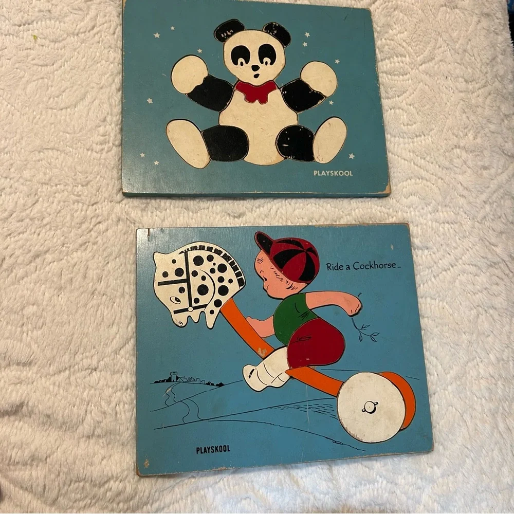 Playskool Vintage Kids Puzzle Set Panda Bear & Boy Ride a Cockhorse Horse Kid